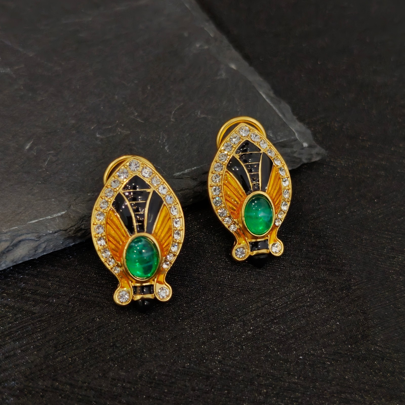 Vintage SAVAR.E Green Cabochon & Crystal Enamel Necklace & Earrings Set