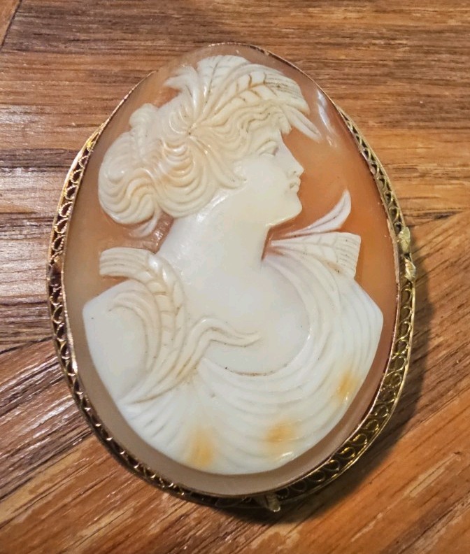 EARLY Vintage 14k Yellow Gold Shell Carved Cameo Brooch/Pendant 2″x1.5″ C-clasp