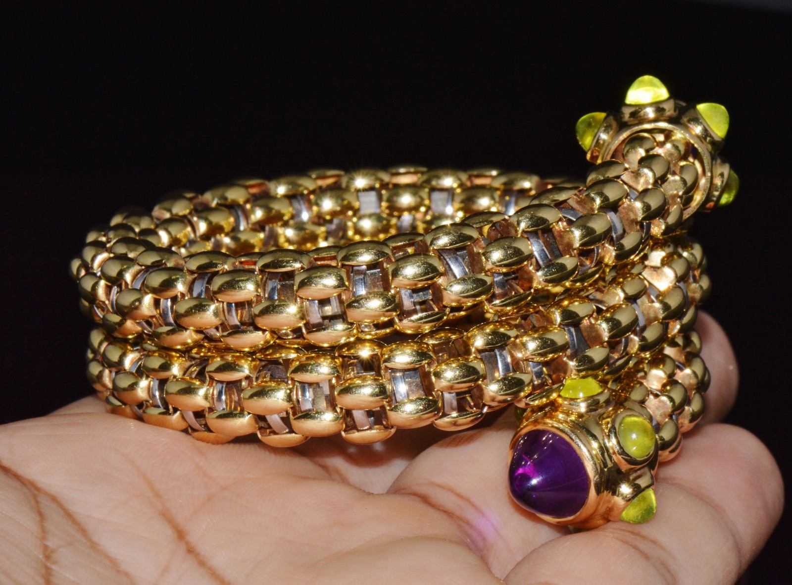 RARE VINTAGE FOPE AMETHYST 18K SOLID GOLD DOUBLE WRAP SNAKE FLEX’IT BRACELET