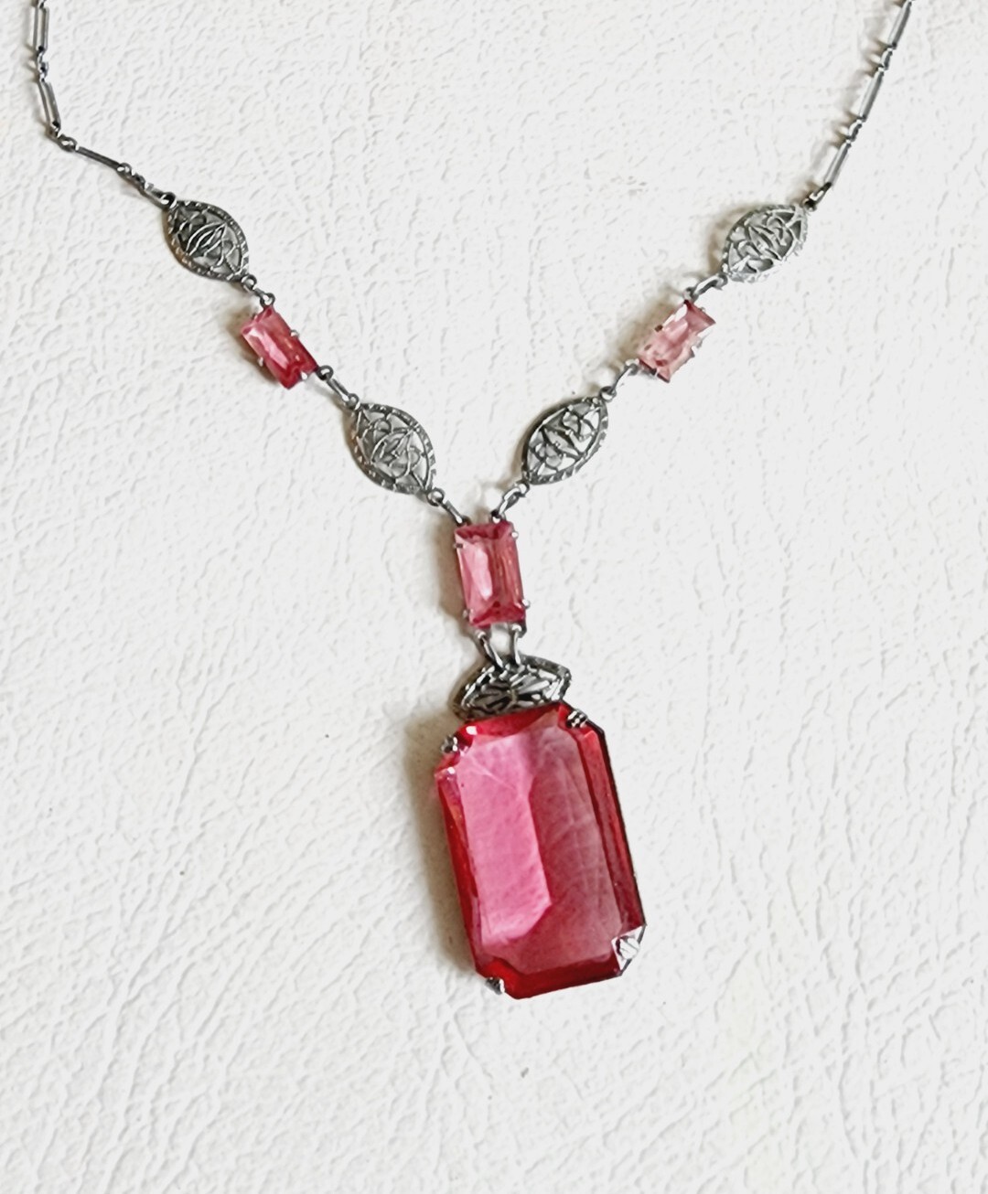 Antique ART DECO Silver Tone PINK CZECH Glass Filigree Necklace