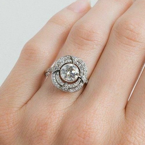Art Deco Round Lab Created Diamond Valentines Special 14K White Gold Finish Ring