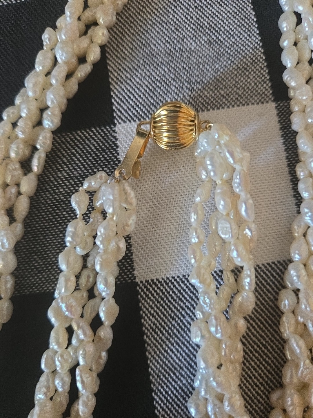 Vintage Freshwater Rice Pearls Necklace & Bracelet 5 Strand Gold Tone Ball Clasp