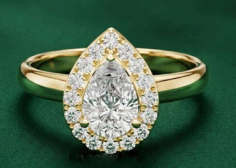 Pear & Round Cut 1.60TCW White Moissanite Halo Wedding Ring In 10K Yellow GoldFN