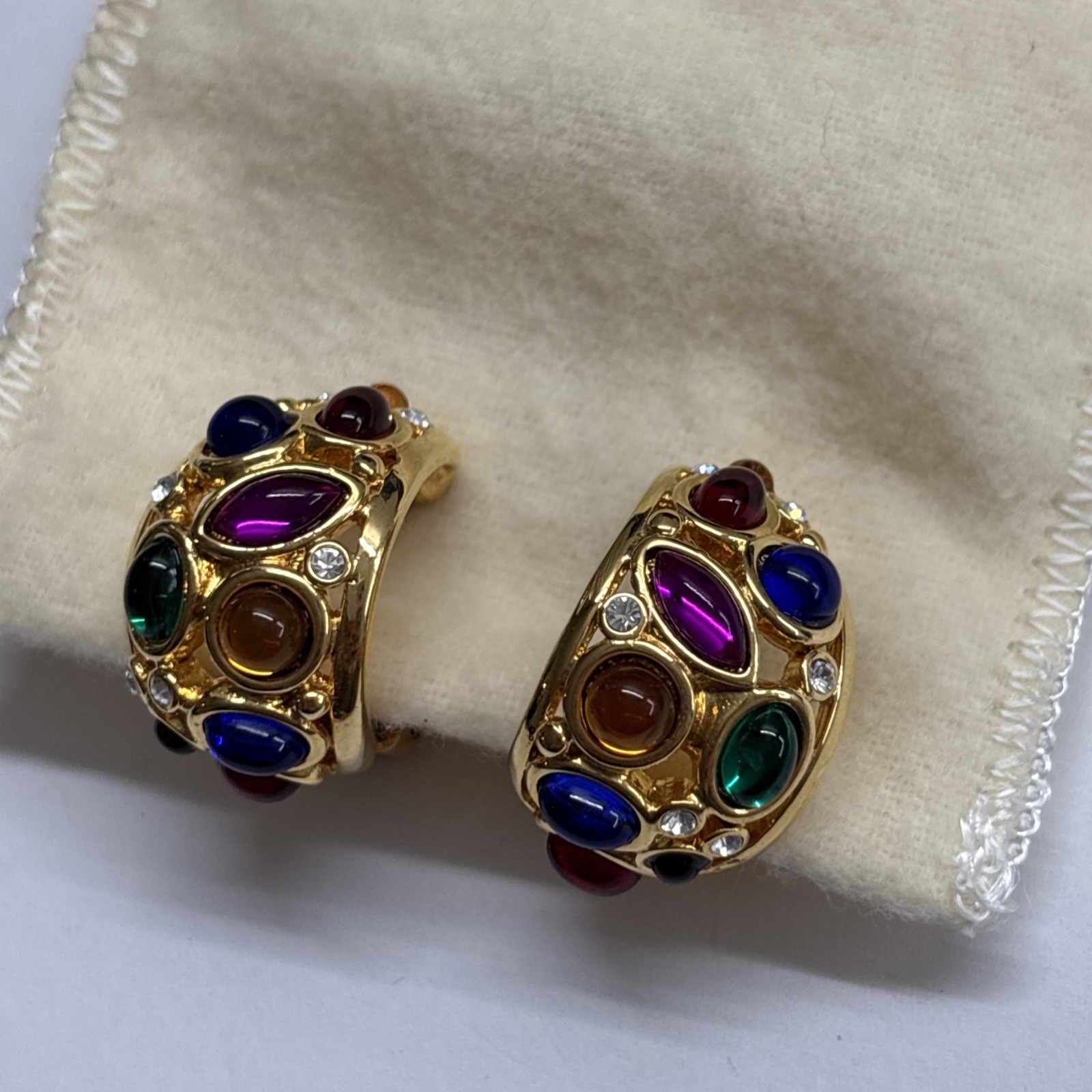 Vtg Franch Multicolor Cabachon Big Moon Gripoix Mogul Hoop Earrings Clip On RARE