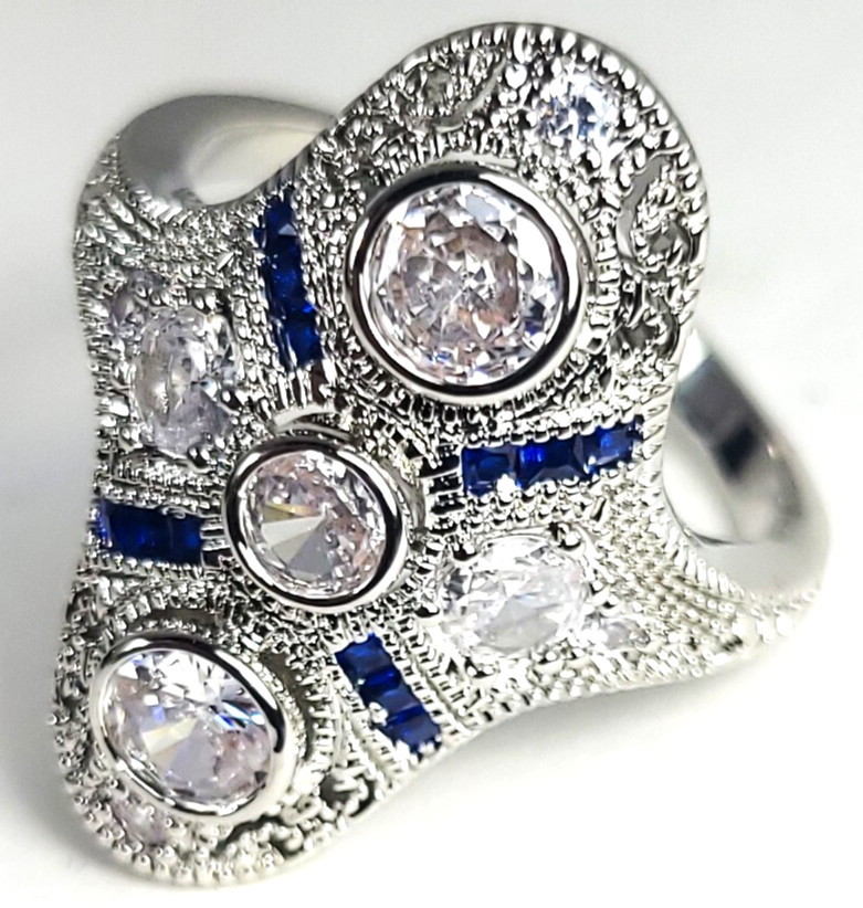 Vintage Art Deco Style Filigree Cubic Zircon Lab Created Engagement Wedding Ring