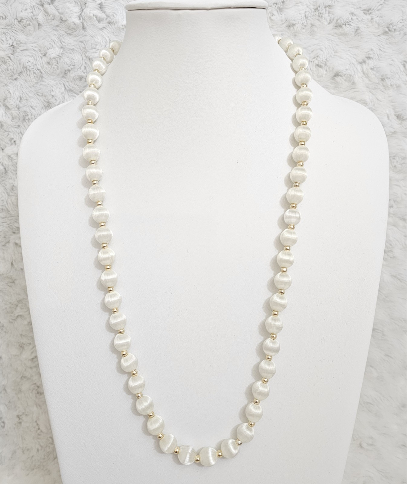 Vintage White Satin Silk Thread Bead Wrap 1980’s Necklace