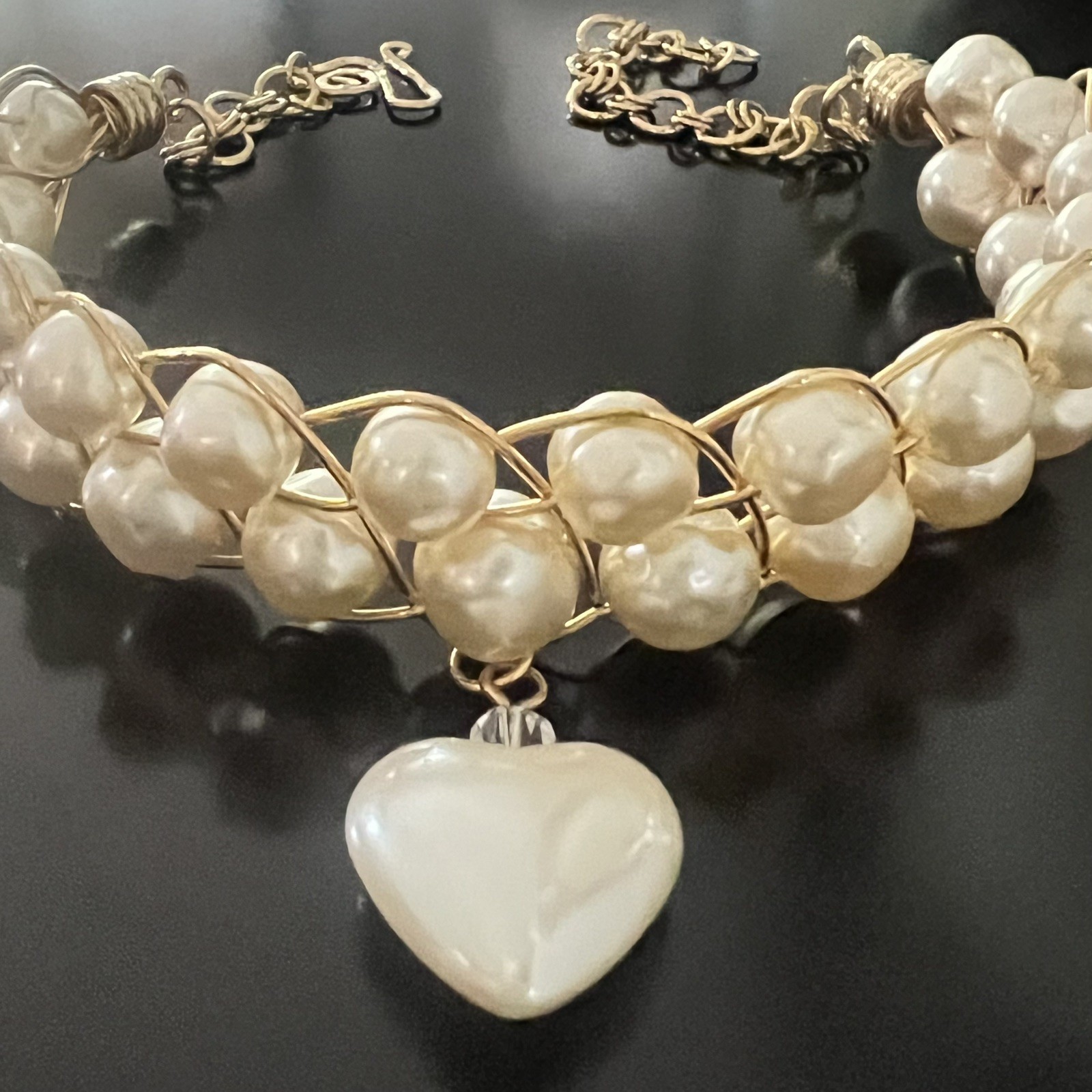 Vintage Faux Pearl Wire Wrap Choker Necklace W/ Dangle Heart Pendant Gold Tone