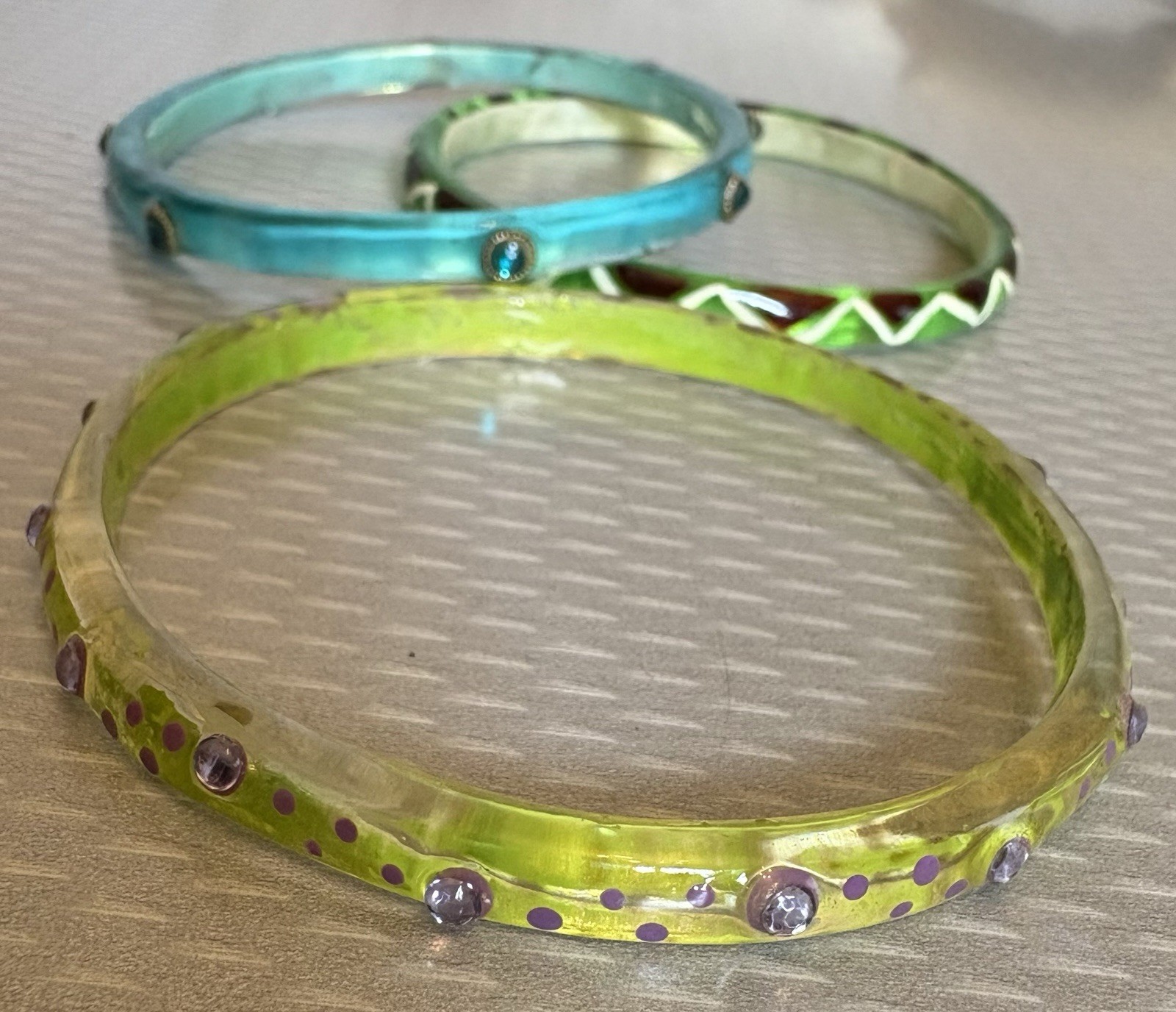 Vintage Clear Acrylic Resin Rhinestone Jewel Bangles Lot 3 Lime Green Turquoise