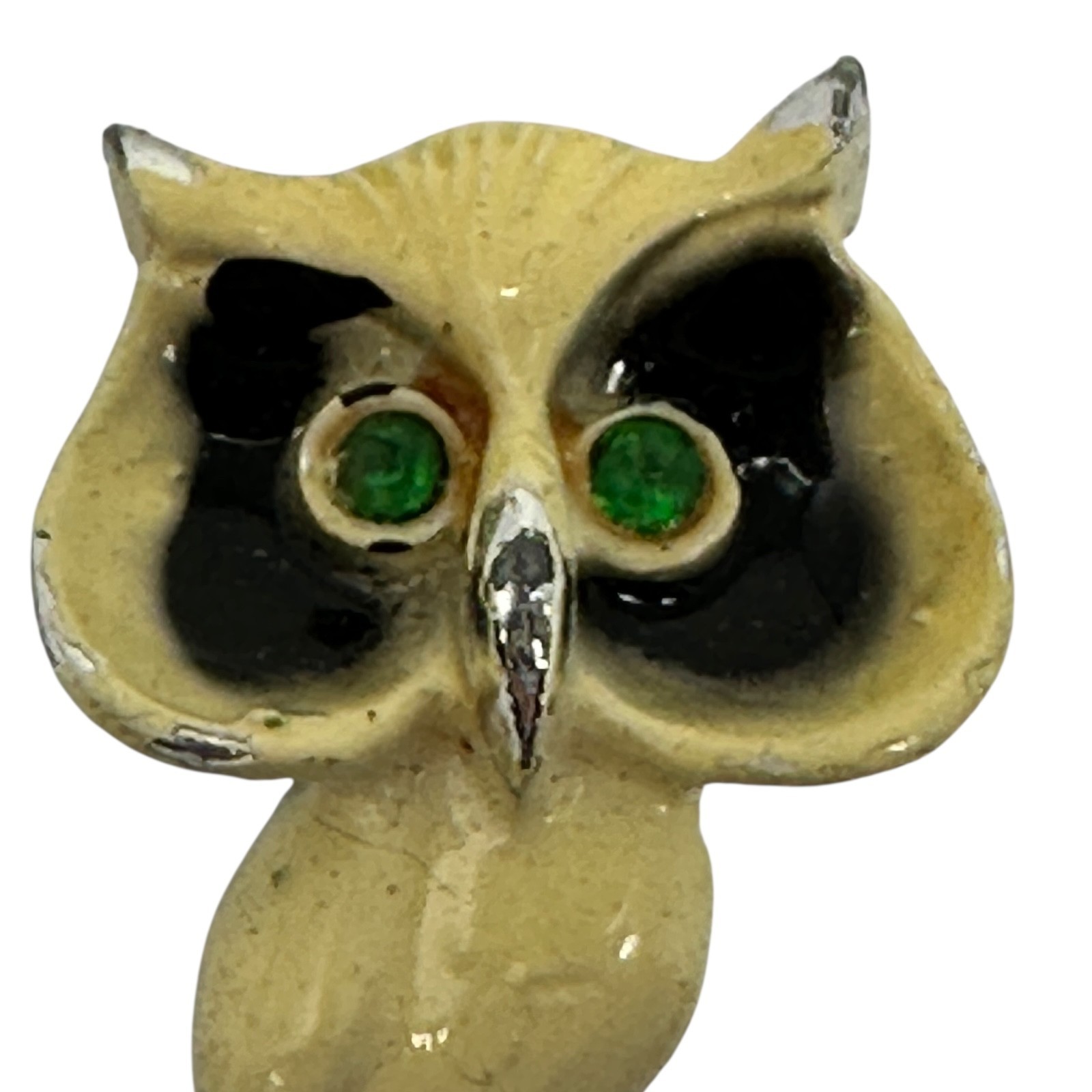 Vintage 1960s White Enamel Pin Owl Branch Brooch Green Rhinestone Eyes