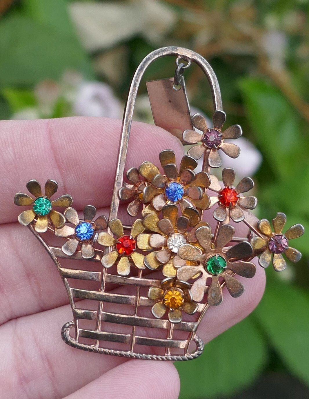 Vintage Designer Jay Kel Vermeiled Sterling & Stone Flower’s In Basket Brooch