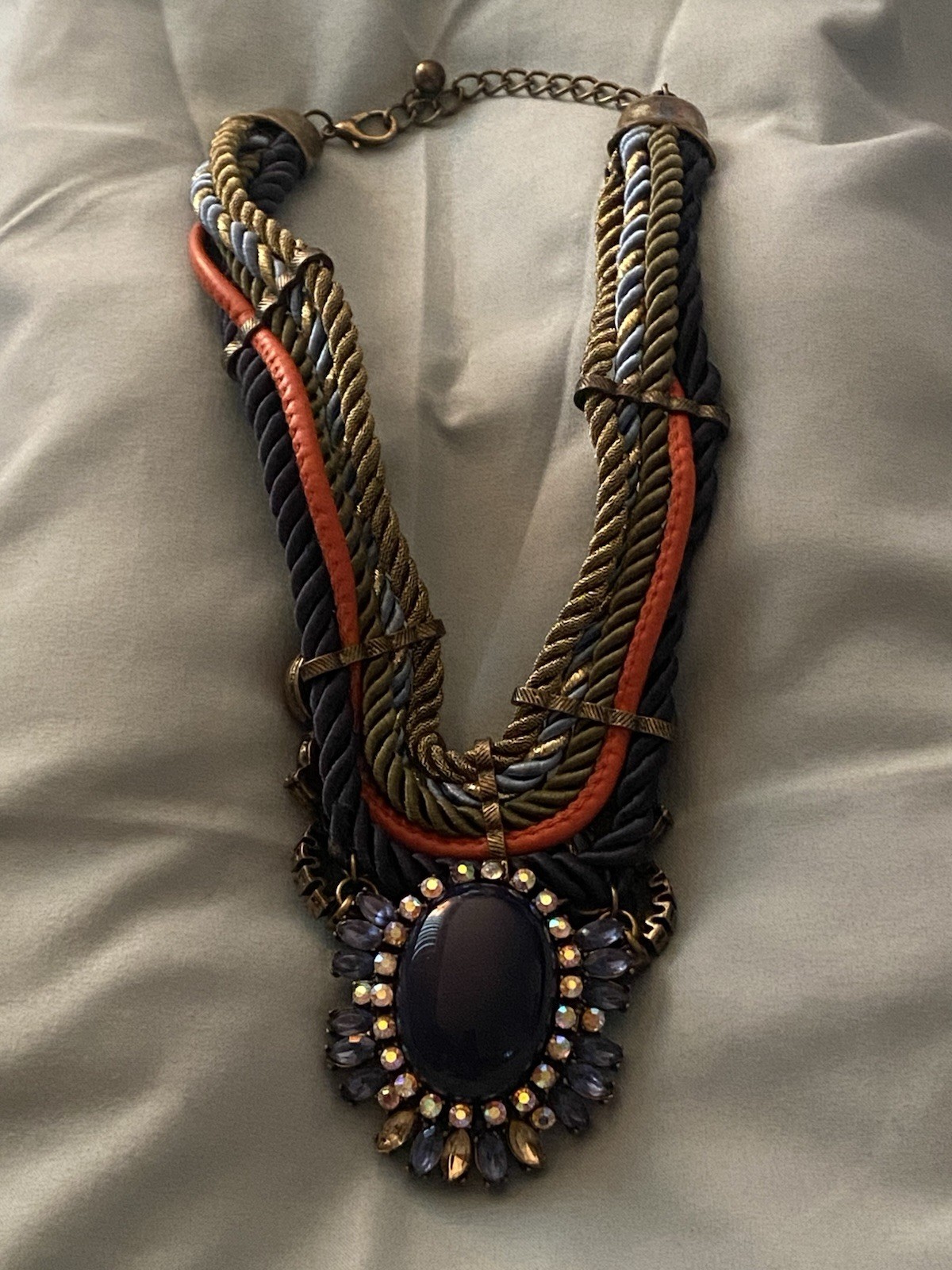 Vintage 18” Necklace Multi Rope Chain Large Pendant Blue Stone Rhinestones Boho
