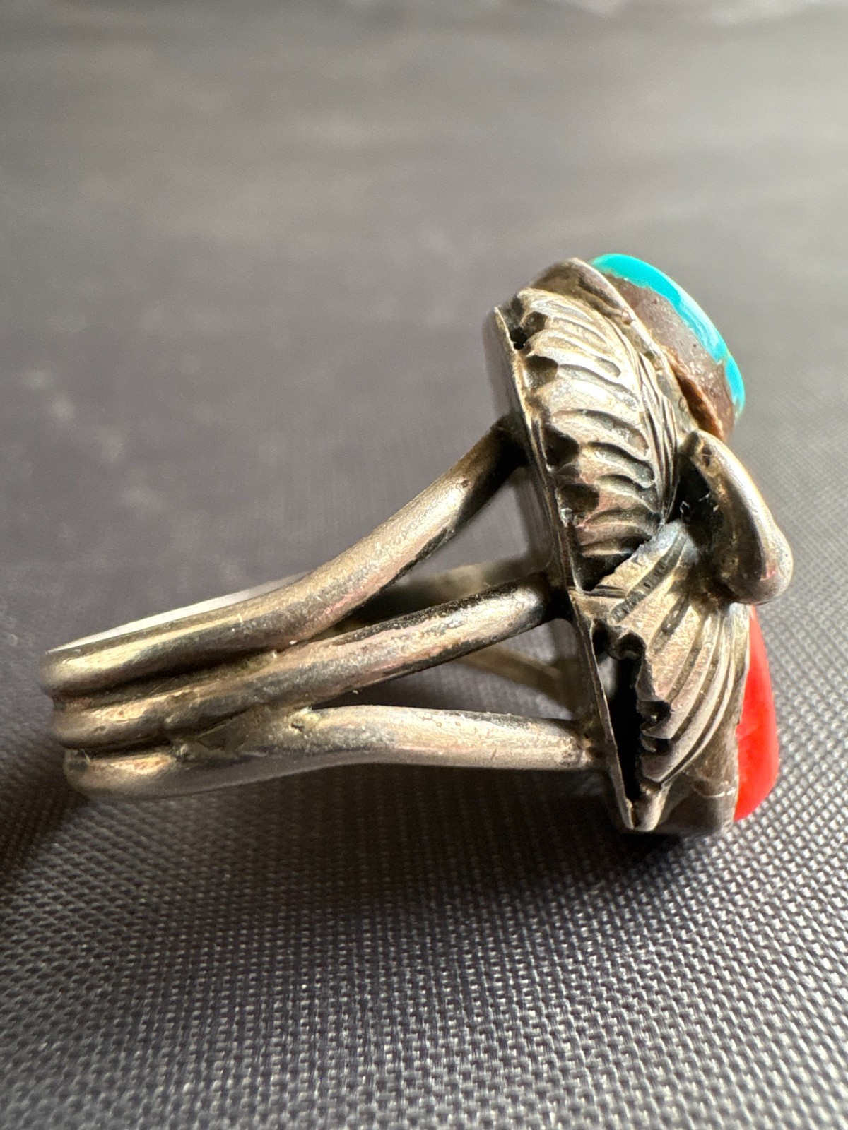 Vintage Silver Native American JW Turquoise & Coral Ring Size 6.5 US