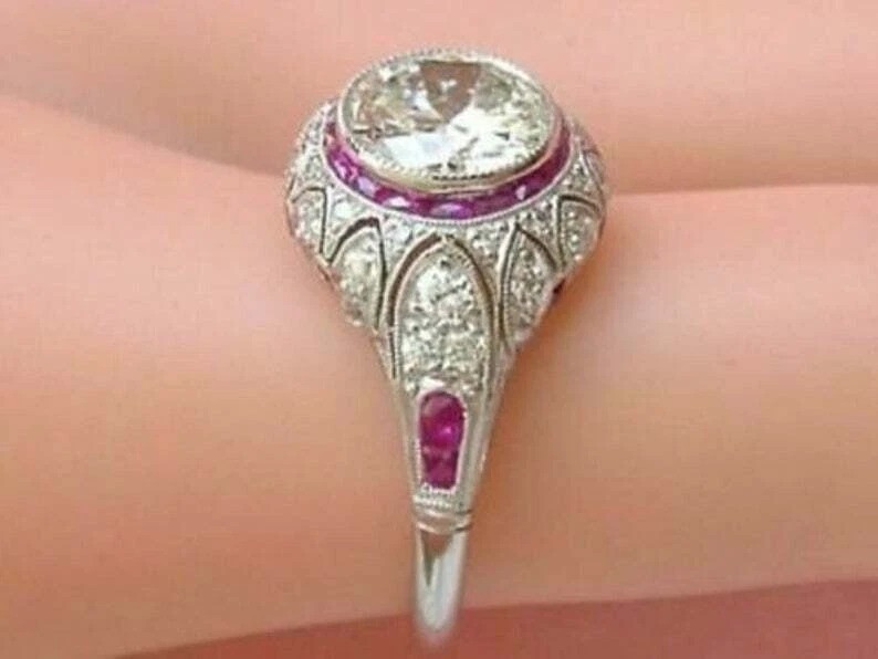 3Ct Art Deco Style Lab Created Diamond & Ruby Wedding 14K White Gold Finish Ring