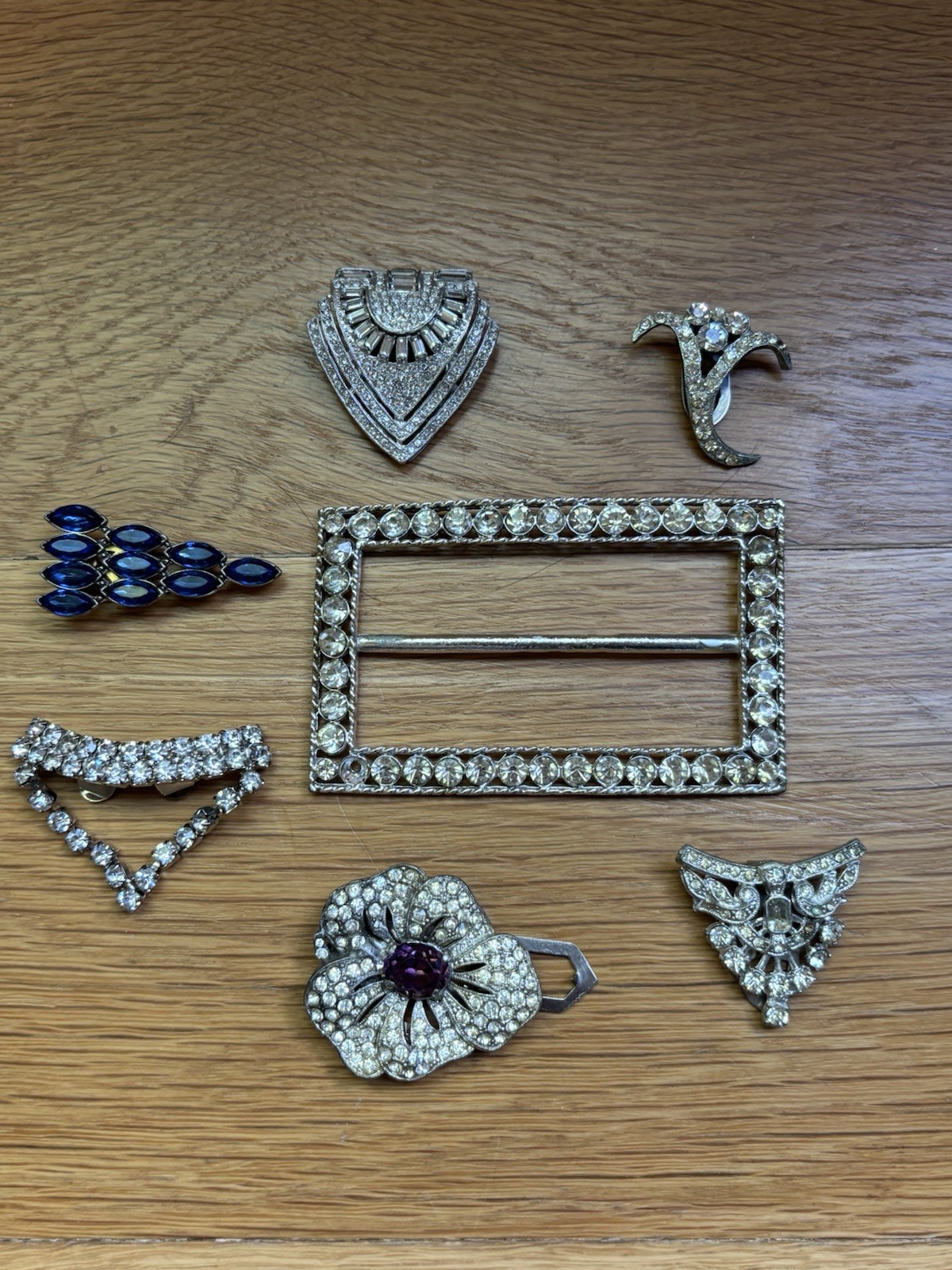 Lot 7 Antique Rhinestone Pavé Art Deco Dress Clips, Buckle, Sapphire Blue Purple