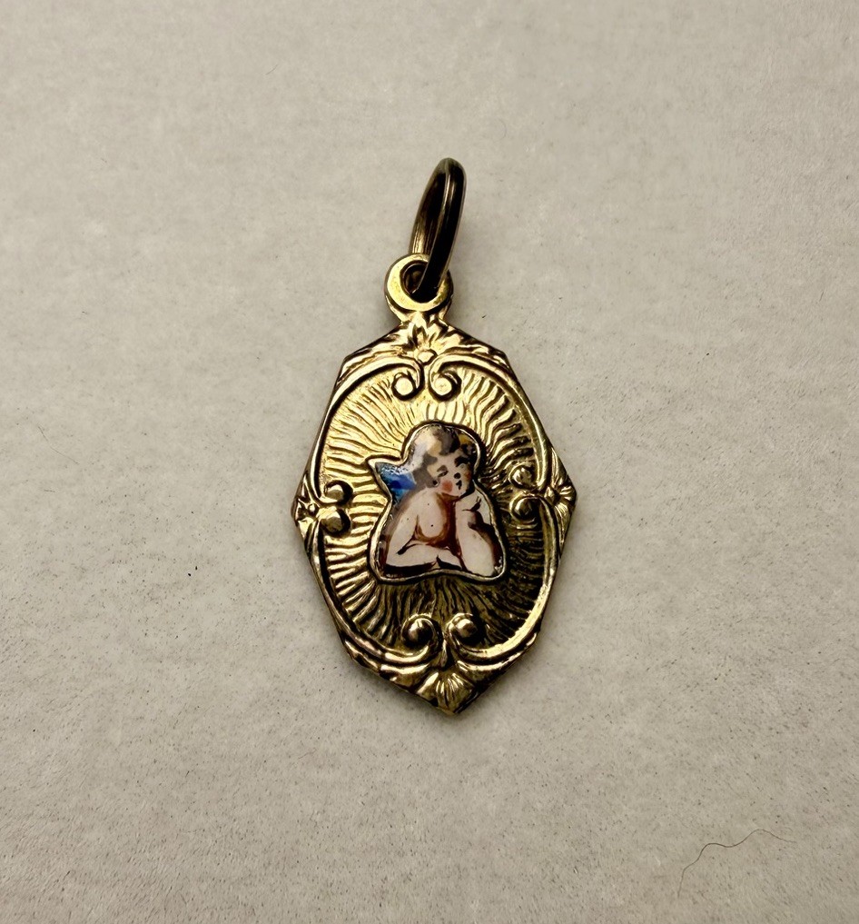 Victorian Gold Filled & Enamel Raphael Cherub First Communion Pendant Charm