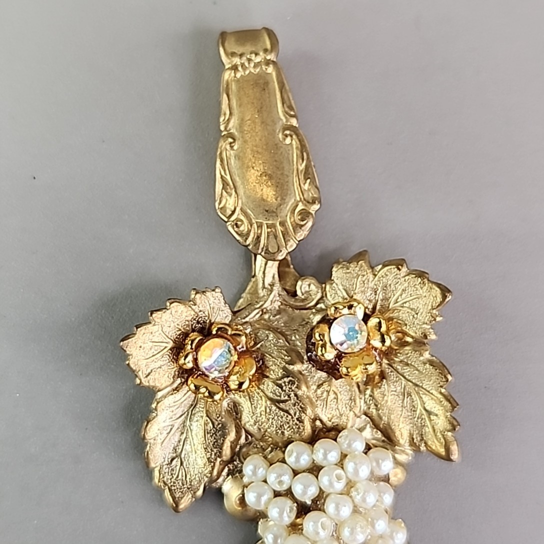 Vintage Artisan Pendant Clip Earrings Set Seed Pearl Grapes AB Repurposed