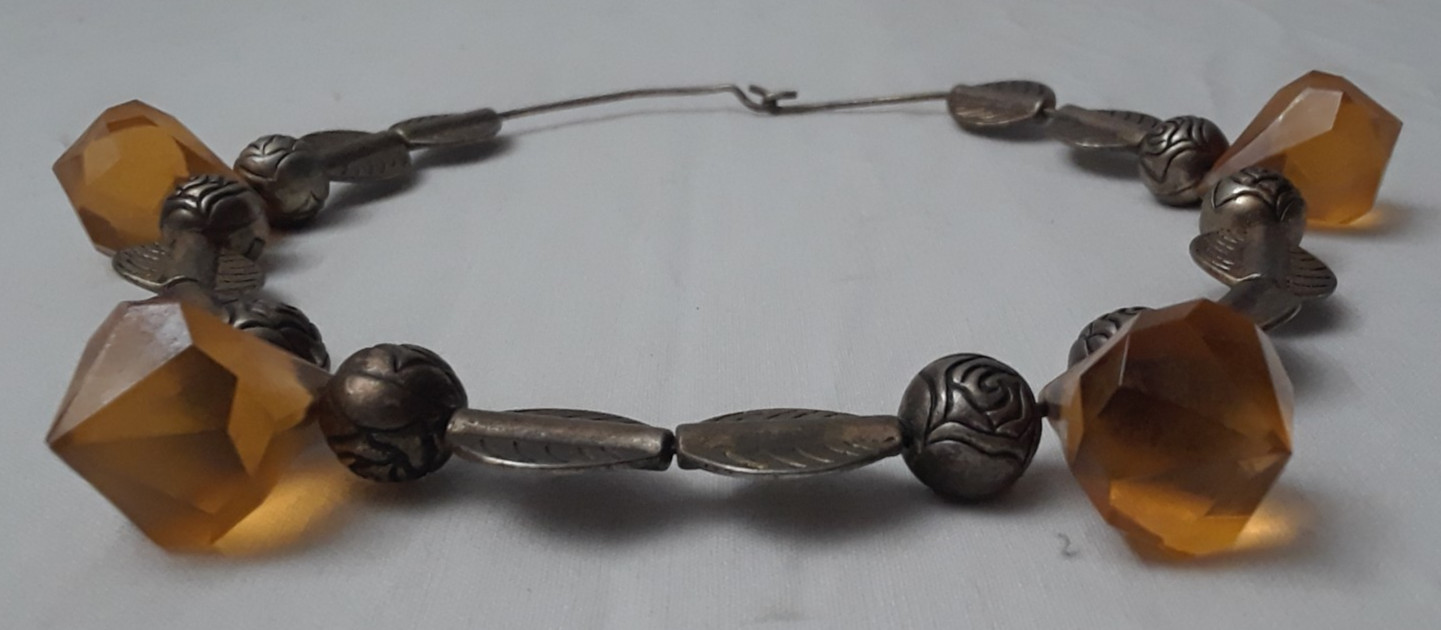 Vintage Handmade Silver Tone Chocker Necklace with Amber Beads 10 in
