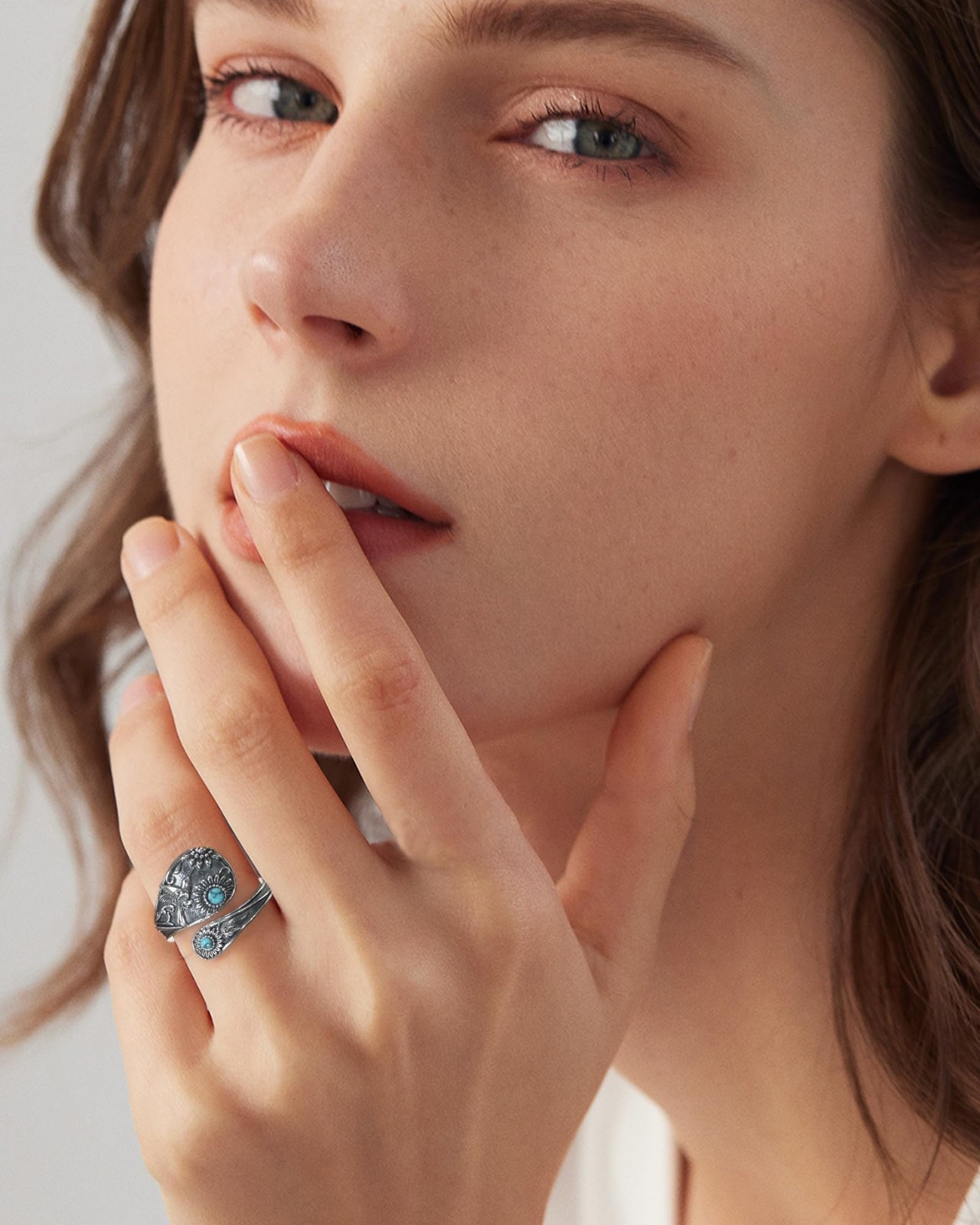 Vintage Boho Abalone Dragonfly Spoon Ring – Turquoise Floral Wrap Ring for Women