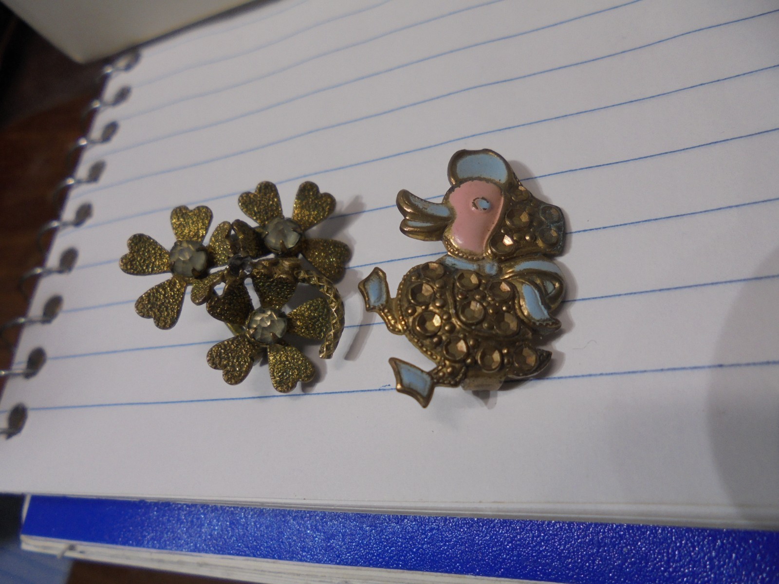 2 Old Brooches/Pins Enameled Ducky and Flower Bouquet 1″ Each