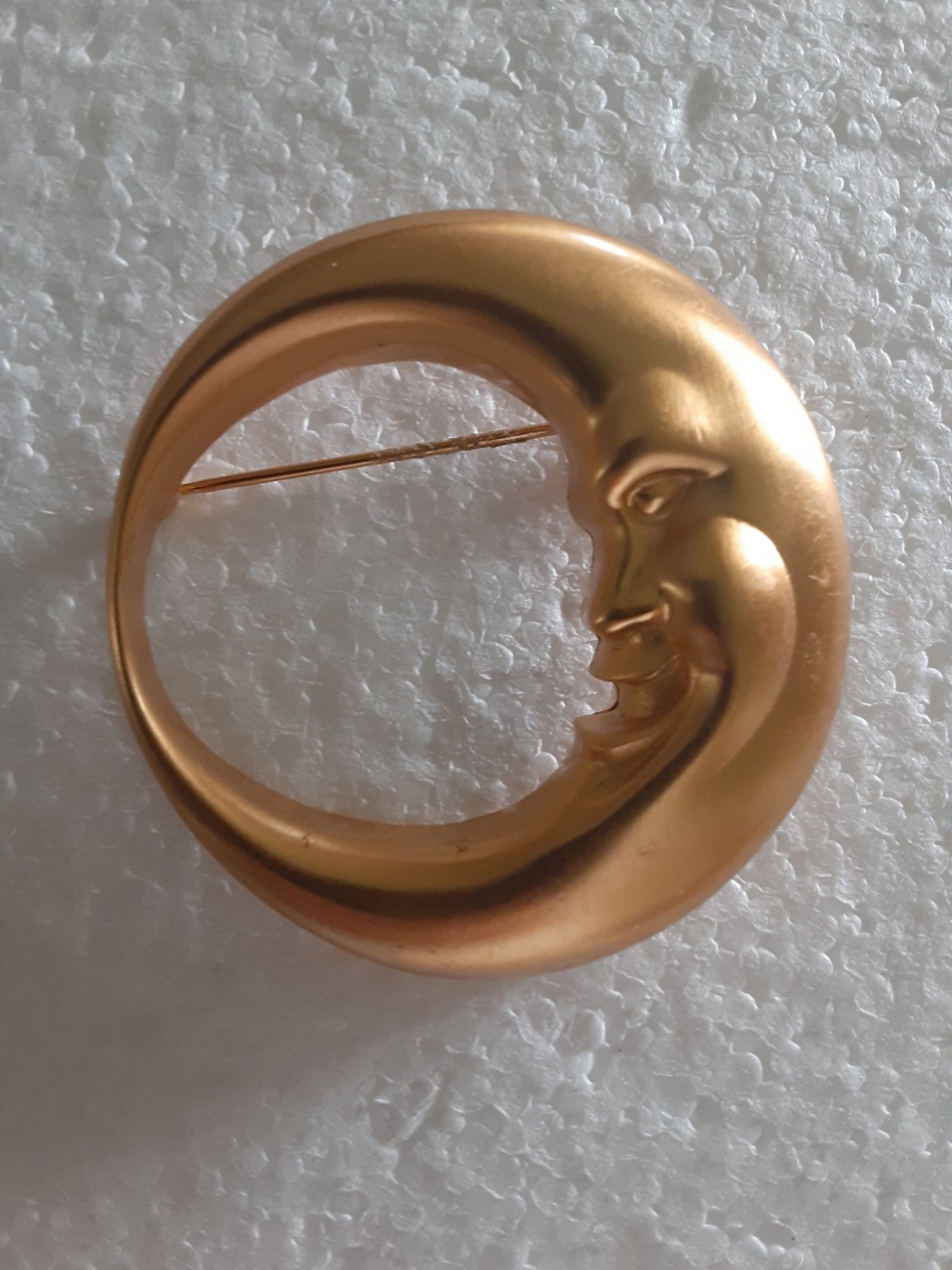Vintage Crescent Moon Face Goldtone Brooch
