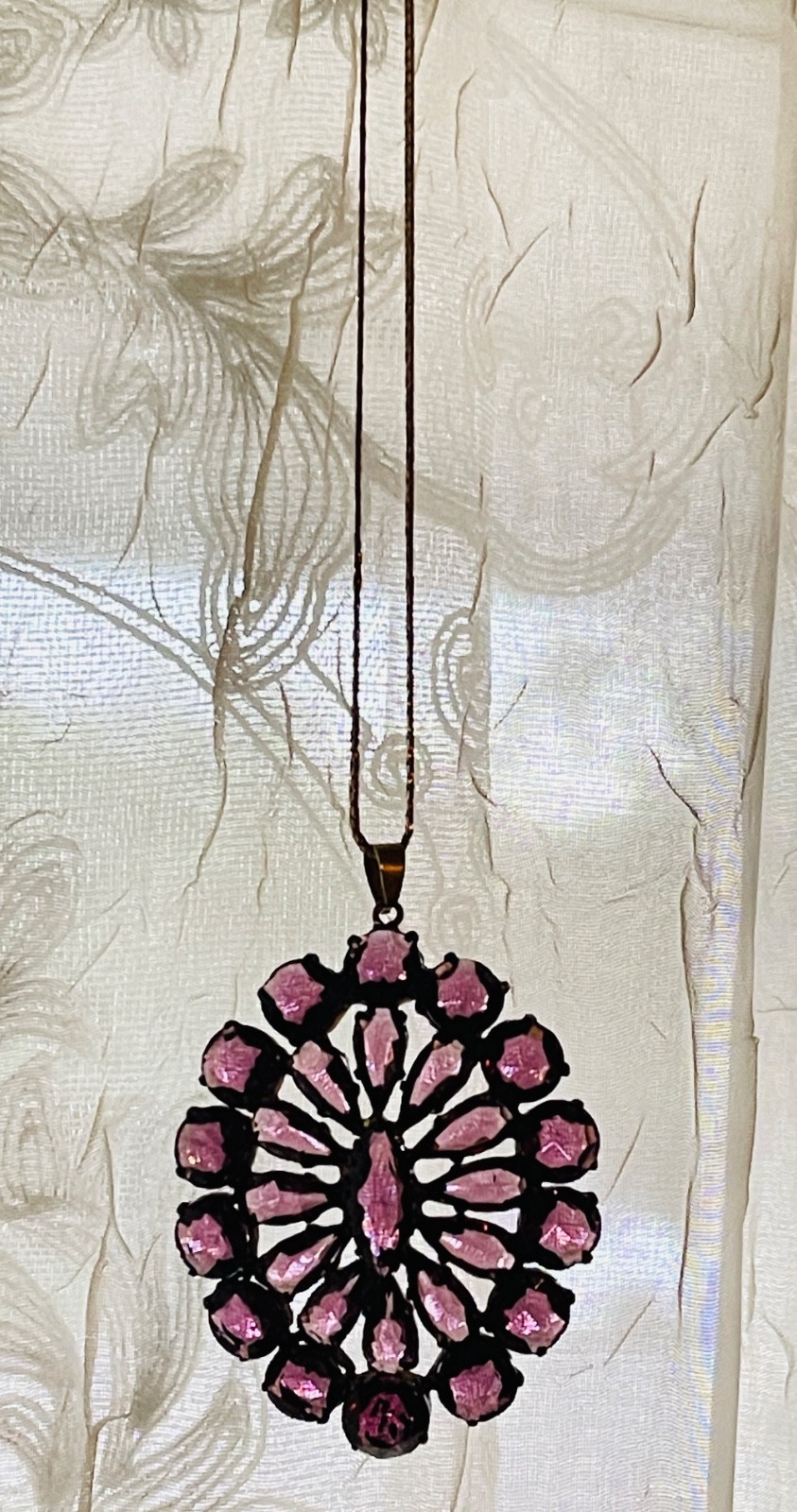 Vintage Czechoslovakia Multiple Diamond Shape Amethyst Pendant Necklace & Chain