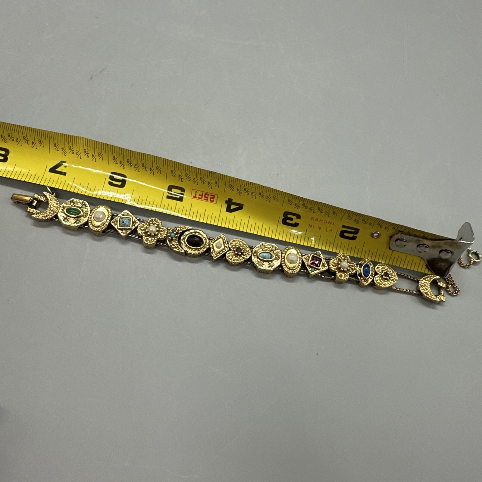 Vintage Signed Goldette NY Multiple Gemstones Safety Chain Slide Charm Bracelet
