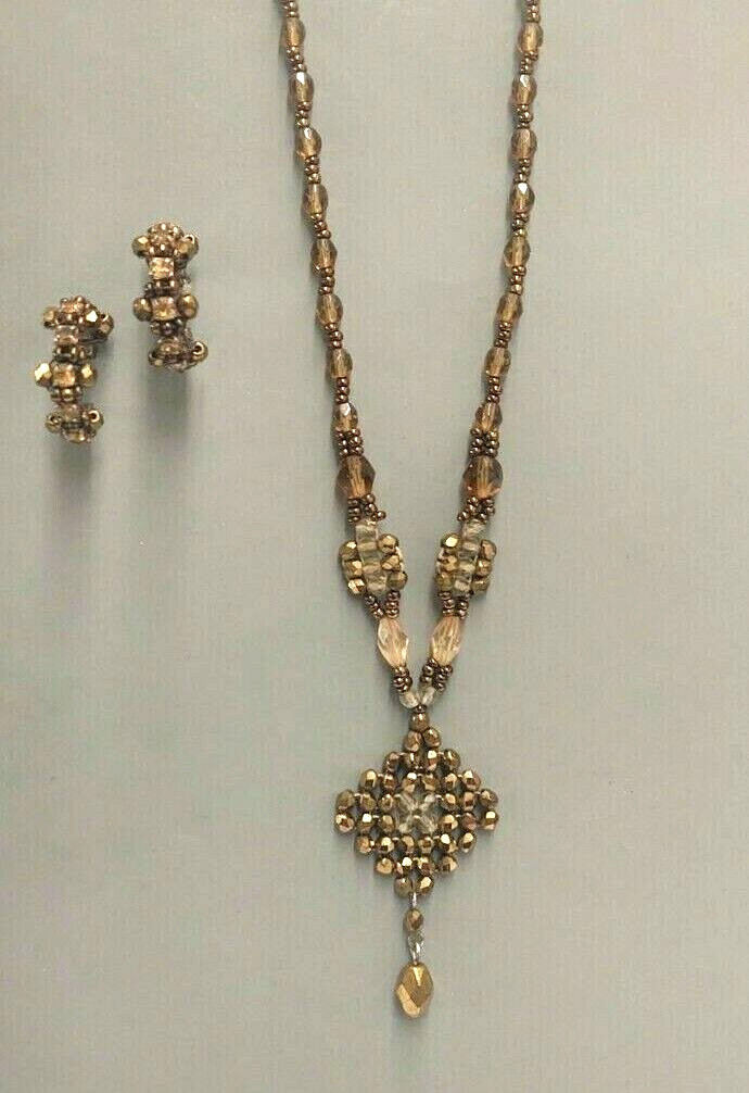 Vintage 18″ Necklace & Pierced Earrings Jewelry Set Brown Glass Beads Retro