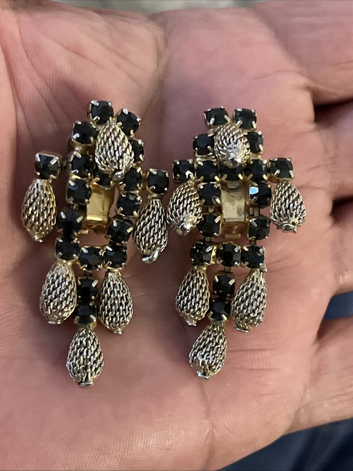 Vintage Signed HOBE Gold & Silver Plate Dangle Black Colored Rhinestone Earrings