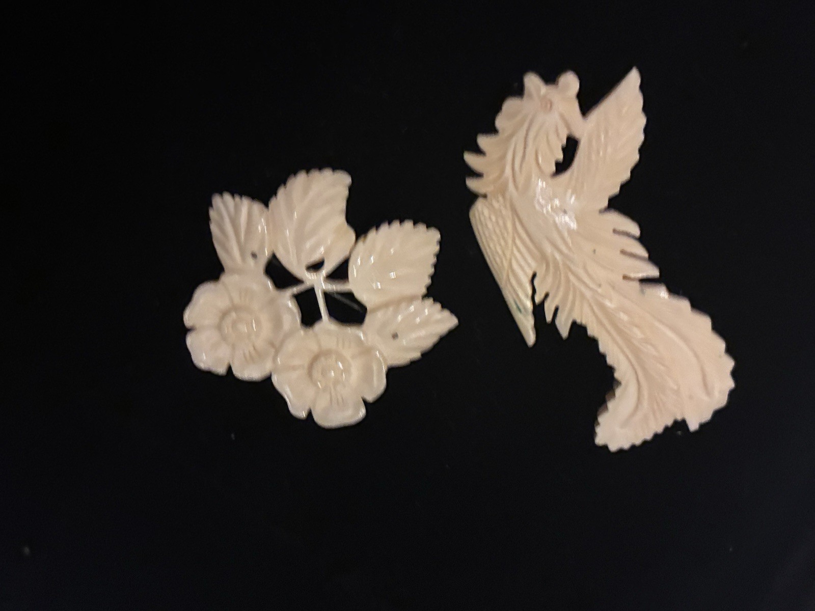 Antique Vintage Bone Brooch Chinese ? Japan? Carved Flower Bird