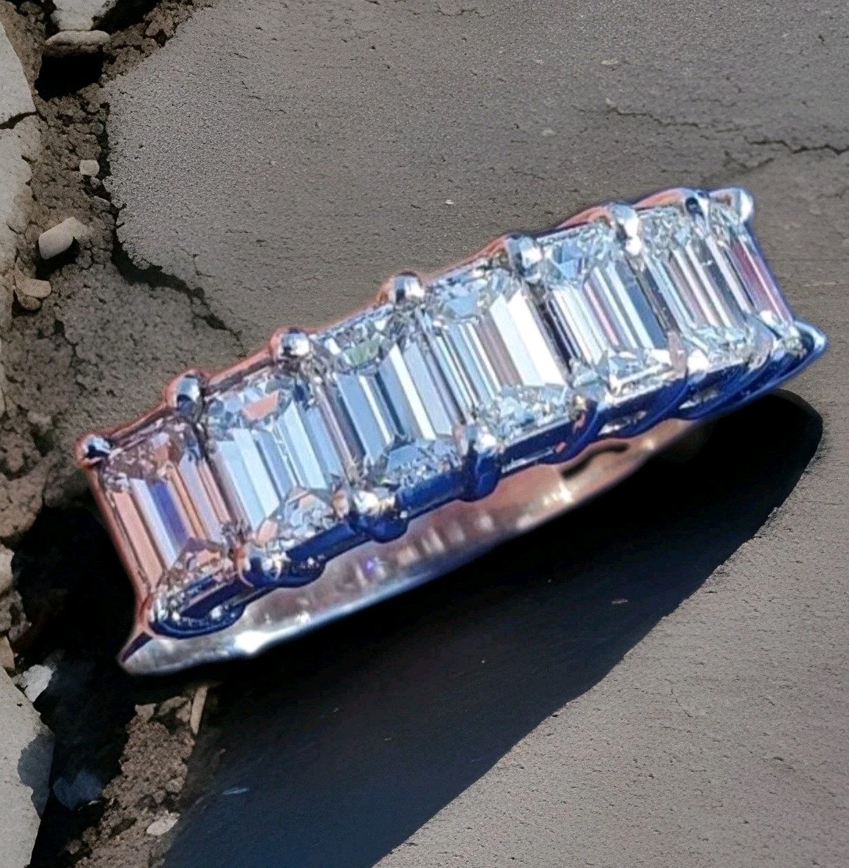 Original EARTH MINED DIAMOND Emerald cut Deco Wedding Band SOLID PLATINUM Ring 6