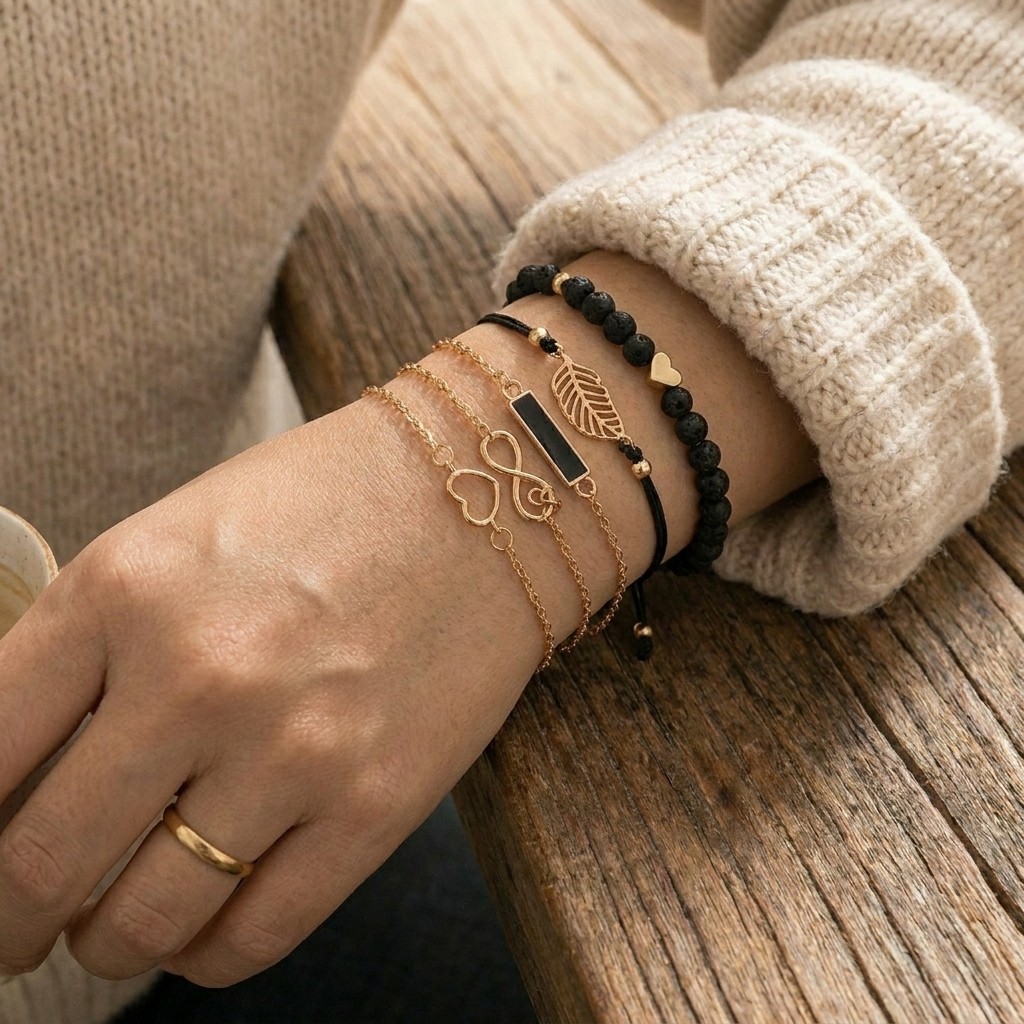 5pc Bohemian Bracelet Set Black Enamel Heart Bead Wrist Chain Women Gold Tone