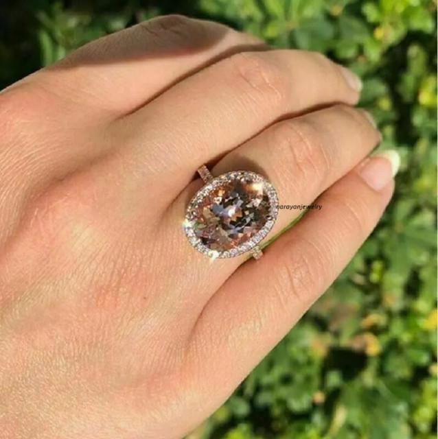 Natural Morganite 3Ct Oval Cut Halo Engagement Wedding Ring 14K Rose Gold Plated