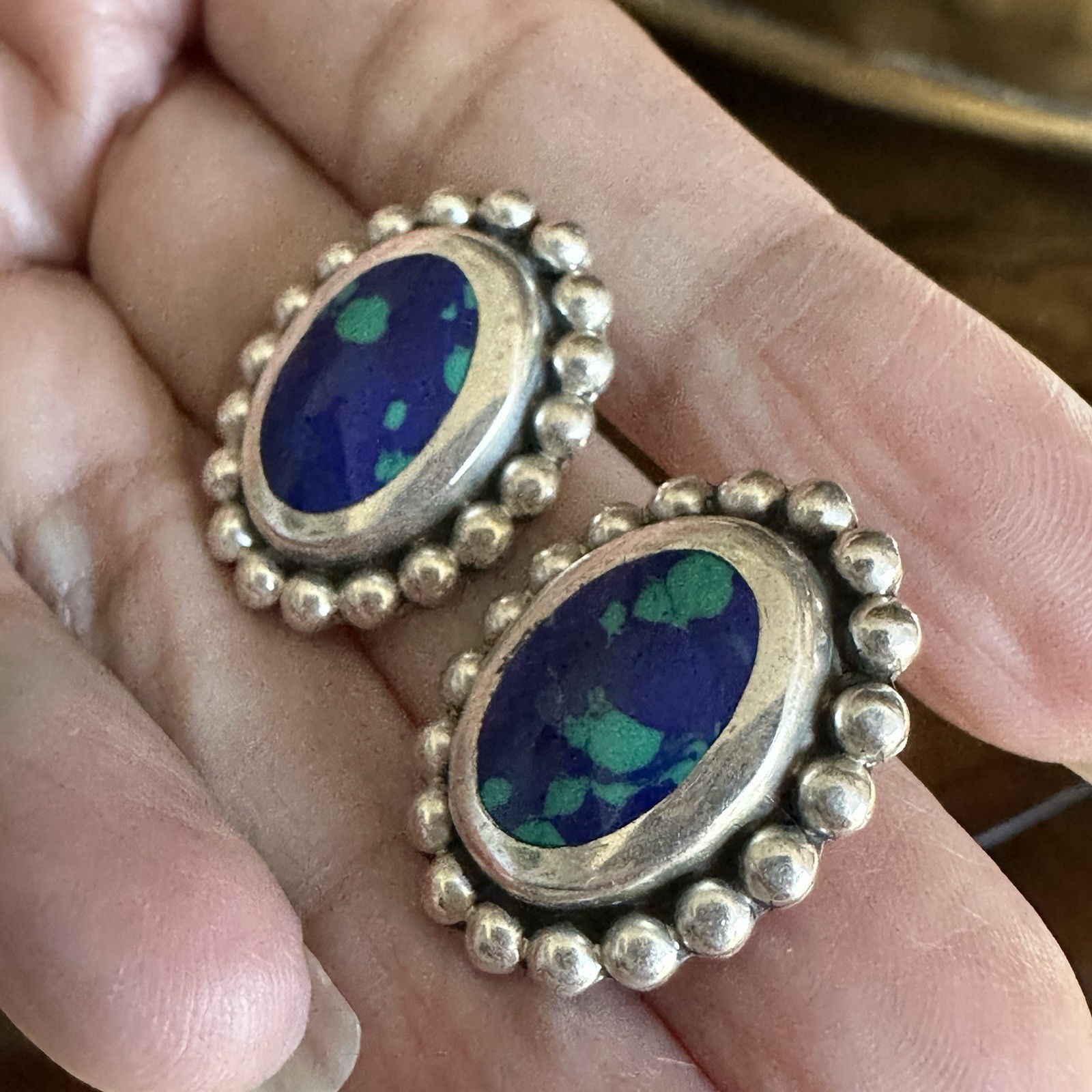 Vintage Mexico Stud Earrings 1″ Azurite Malachite Bead Accent 925 Sterling 8.8g