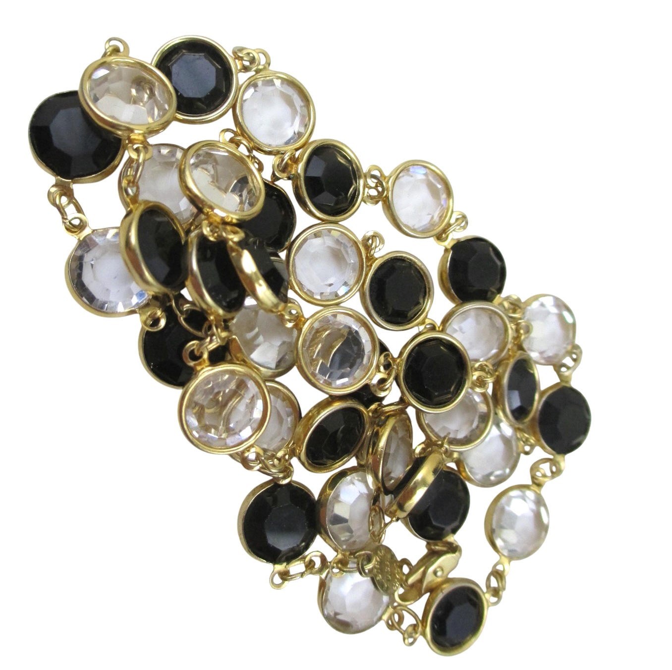 Vintage Black and Clear Austrian Crystal Bezel Gold Necklace 32″ Long Faceted