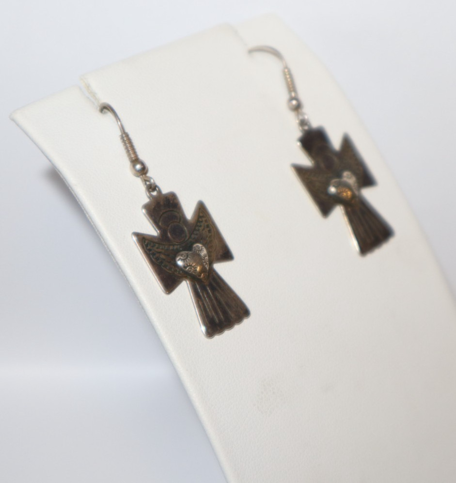 Vintage Carolyn Pollack Silver Designer Cross with Heart Angel and Earrings Set