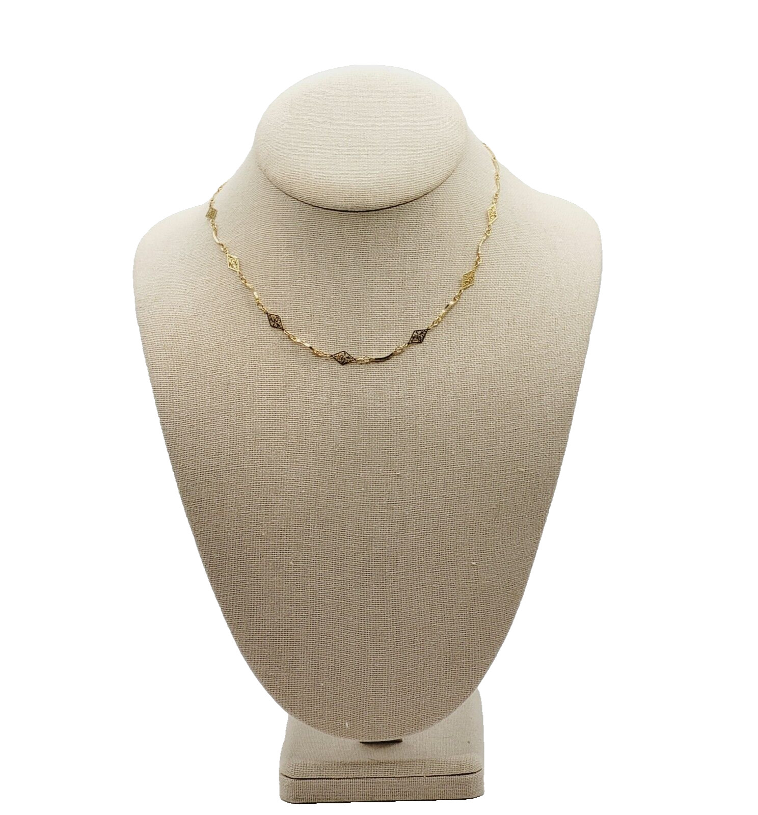 Filigree Marquise Shape Station Necklace Gold Tone Vintage Chain Choker 15.5 In