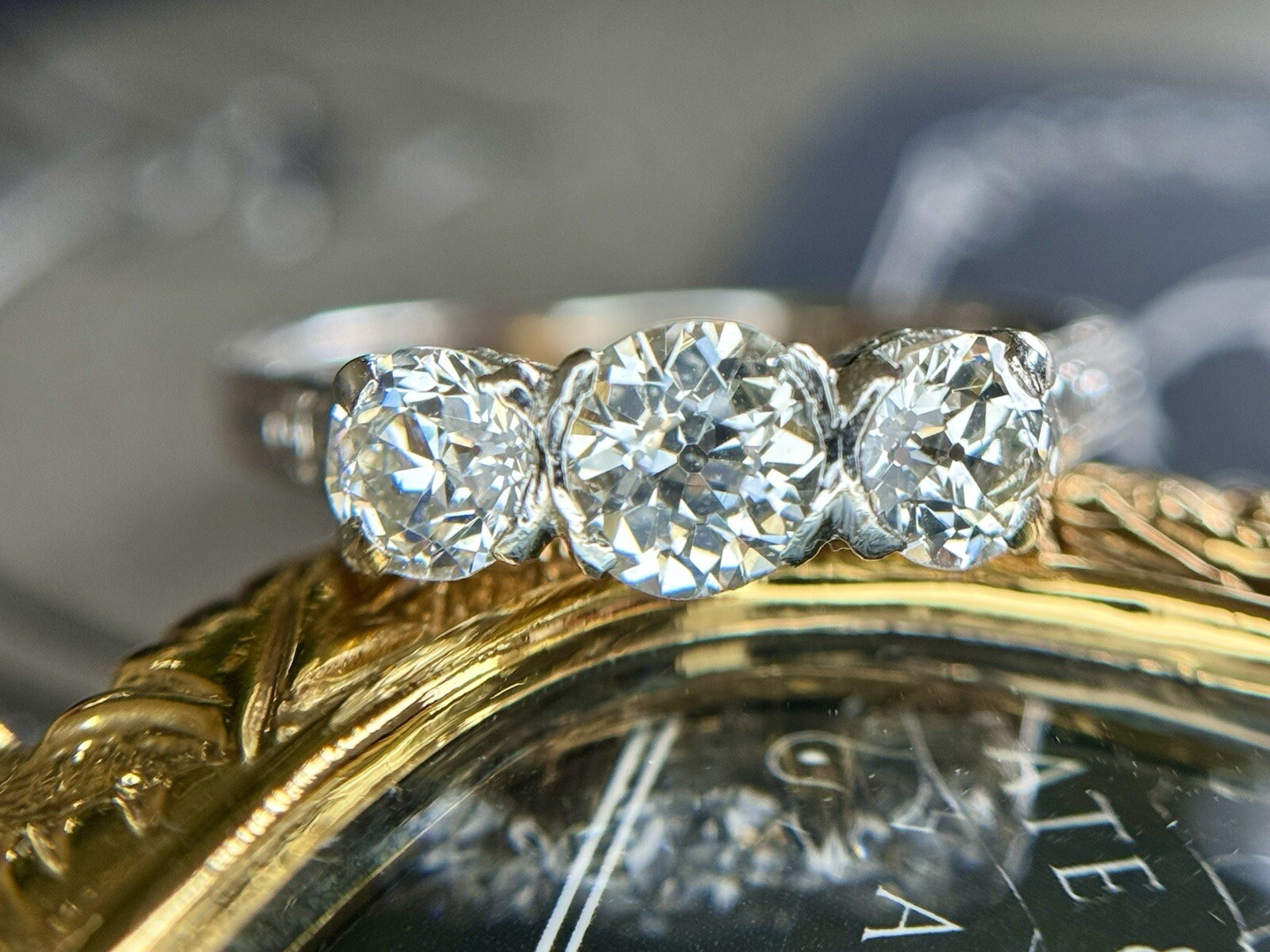 Antique Lambert Bros Old European Cut Three Stone Diamond Engagement Ring