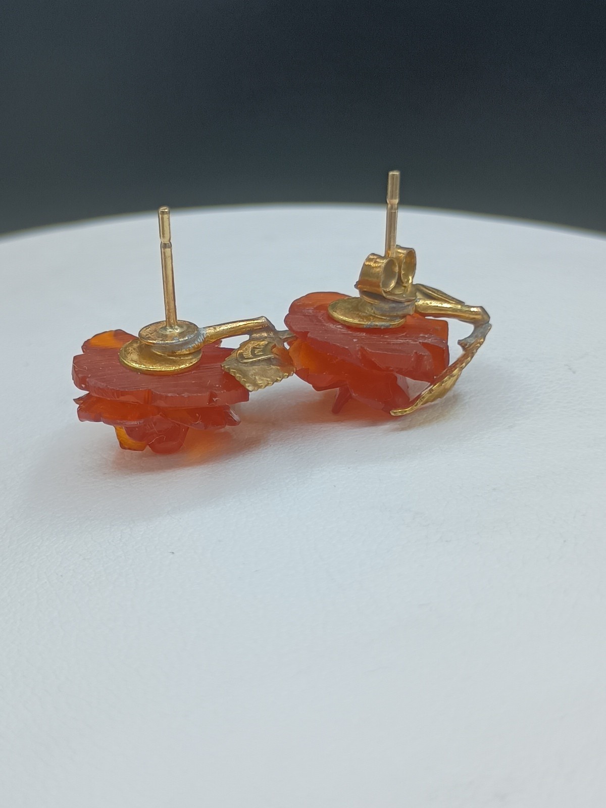 Amber Guild Earrings Stud 1/20 12K GF Gold Filled Rose Carved Amber .75”