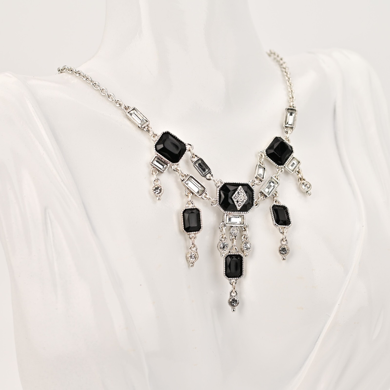 Original Vintage Designer Silver Onyx Zirconia Rhinestone Gemstone Necklace