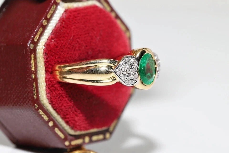 Art Deco Style 2Ct Lab Created Diamond & Emerald Engagement 14K Gold Finish Ring
