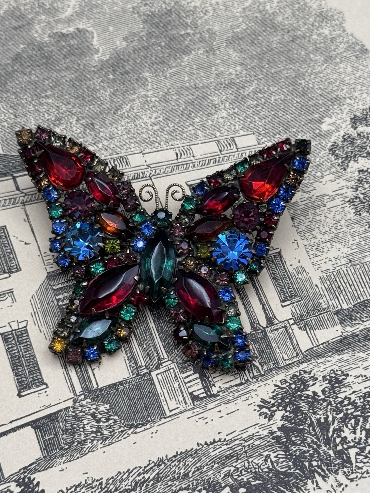 Weiss Butterfly Brooch Multicolor Rhinestone Figural Pin Signed 2.5” VINTAGE