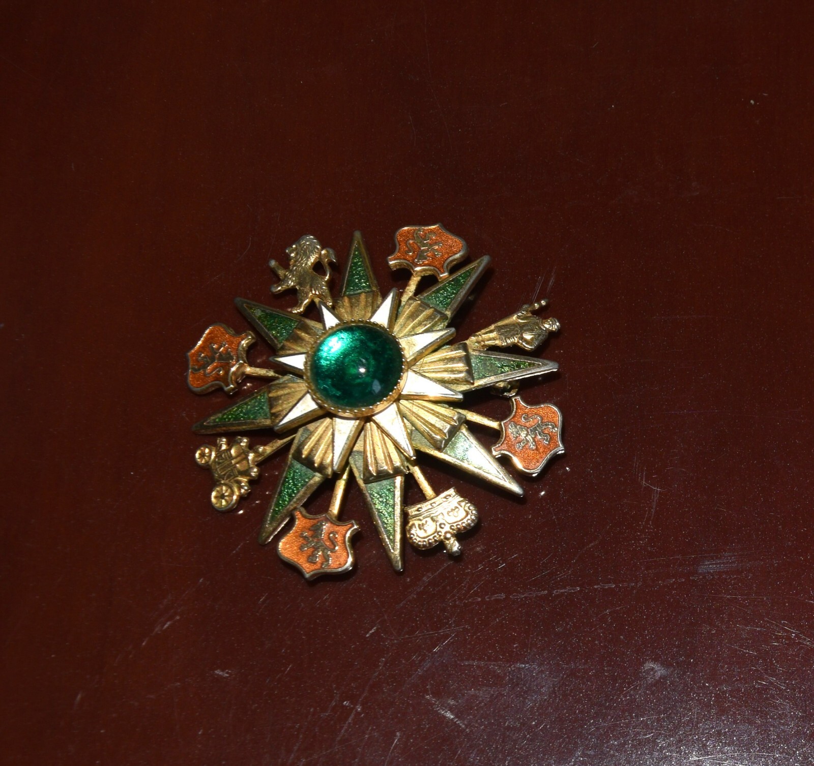 Vtg Heraldic brooch coats of arms & crowns Gold tone metal alloy enamel crystal