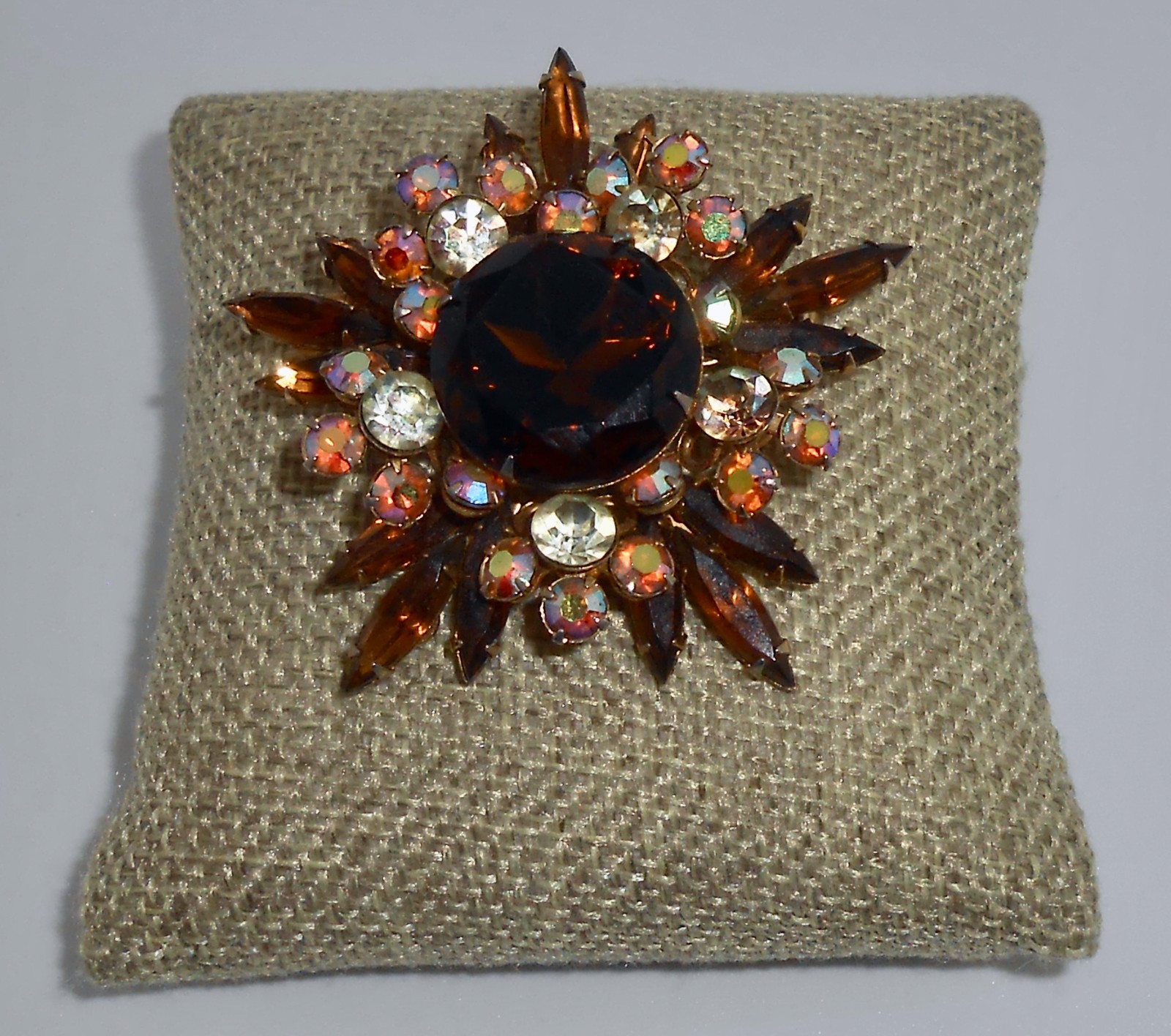 Vintage Brown AB & Clear Glass Rhinestone Layered Starburst Brooch Pin CJ83