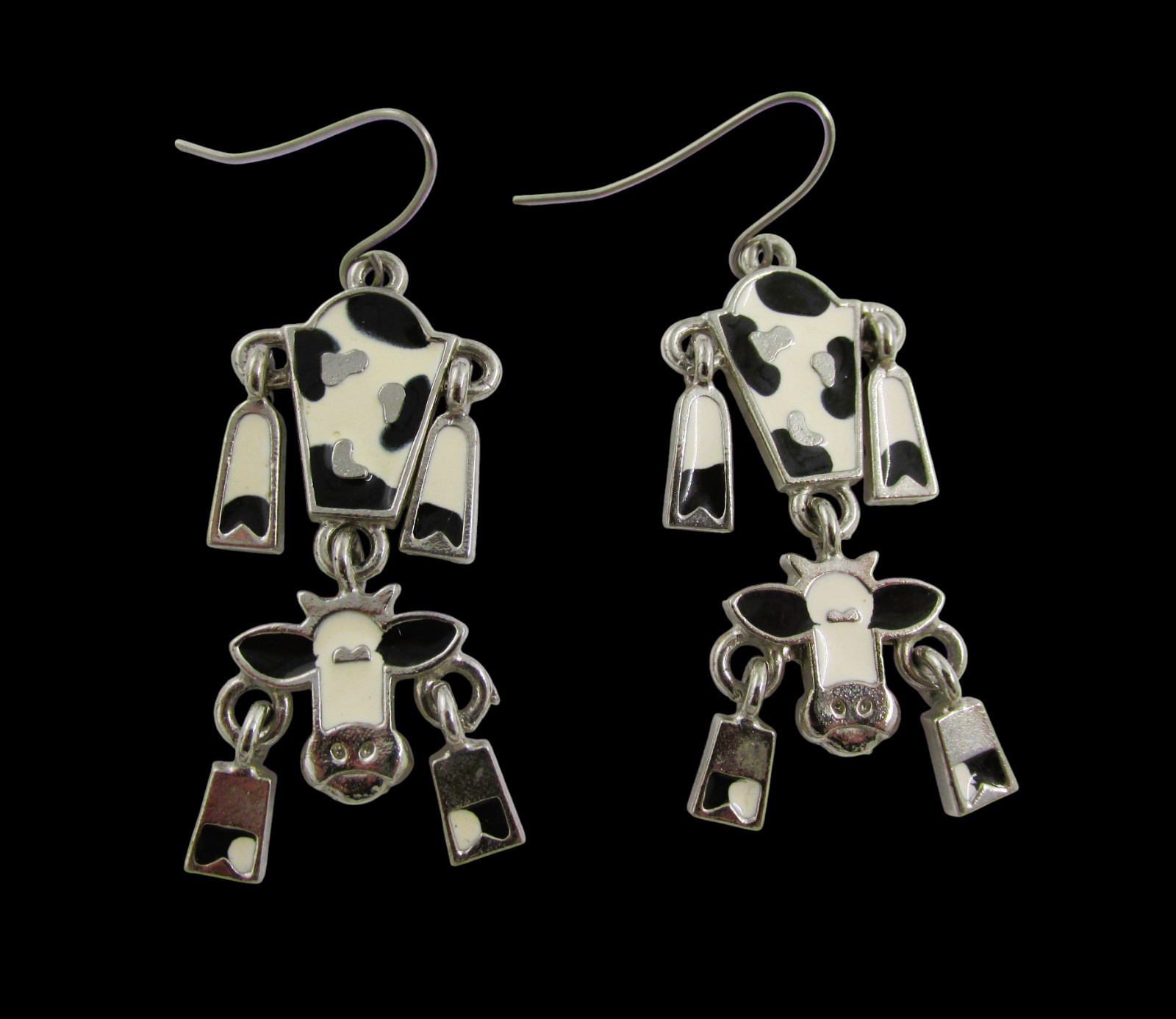 Edgar Berebi Enamel Cow Dangle Earrings Signed EB Silver Tone Articulated