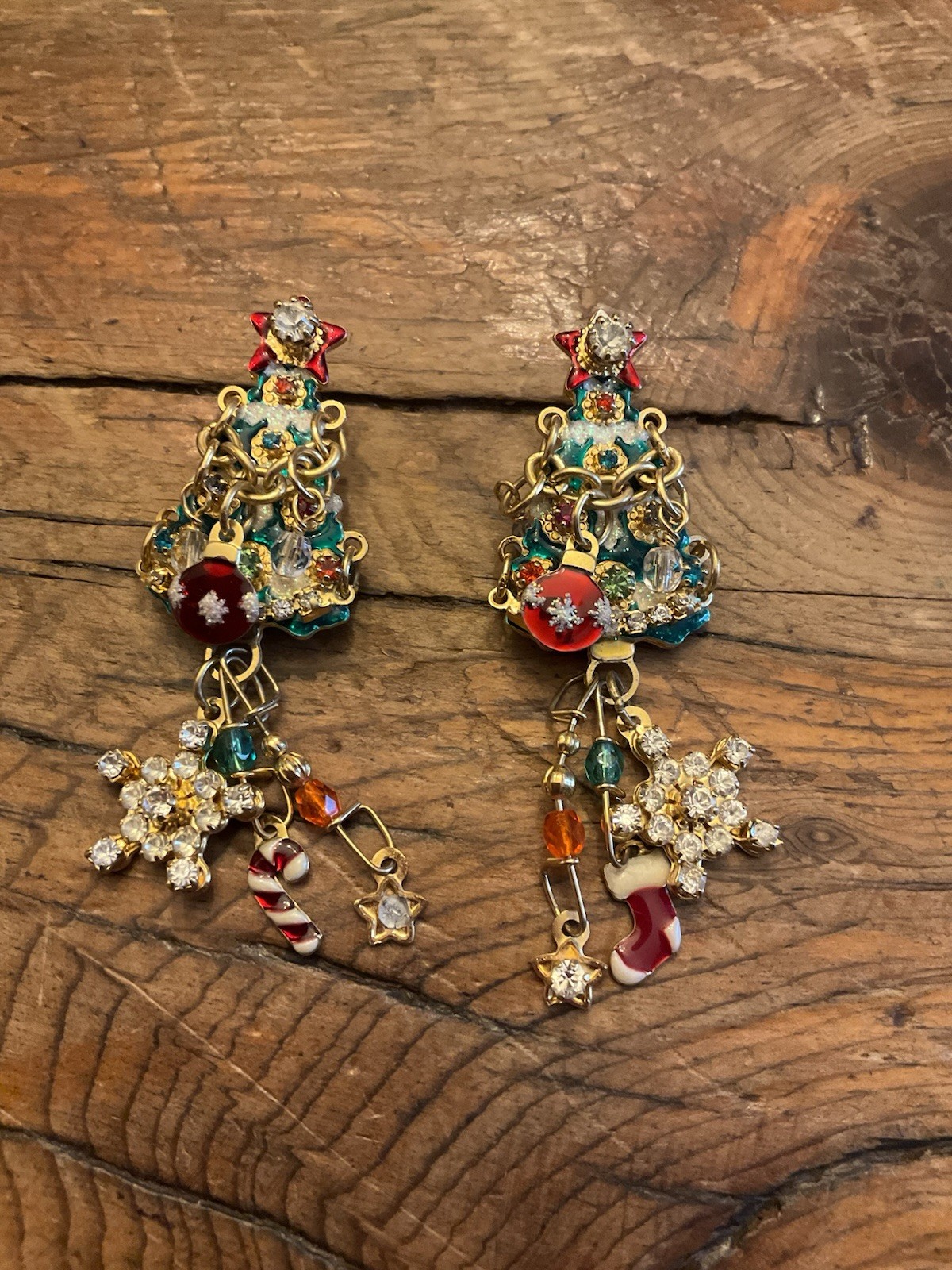 Lunch at the Ritz Christmas Tree Earrings Dangling Ornaments Gold Plated Pierced