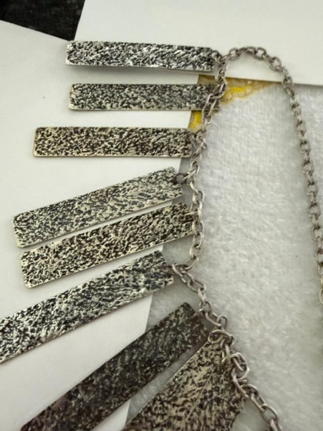 Vintage Silver Tone Fringe Statement Necklace Textured Bar Pendants 35″