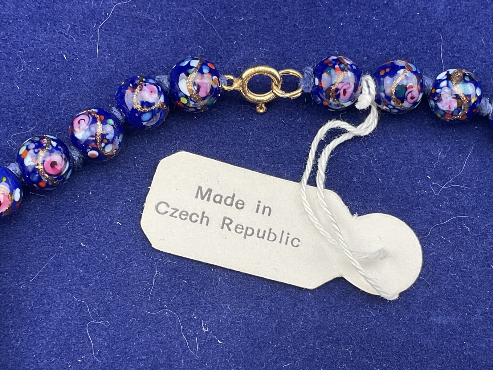 vintage Czech Venetian style glass bead necklace navy blue 17″