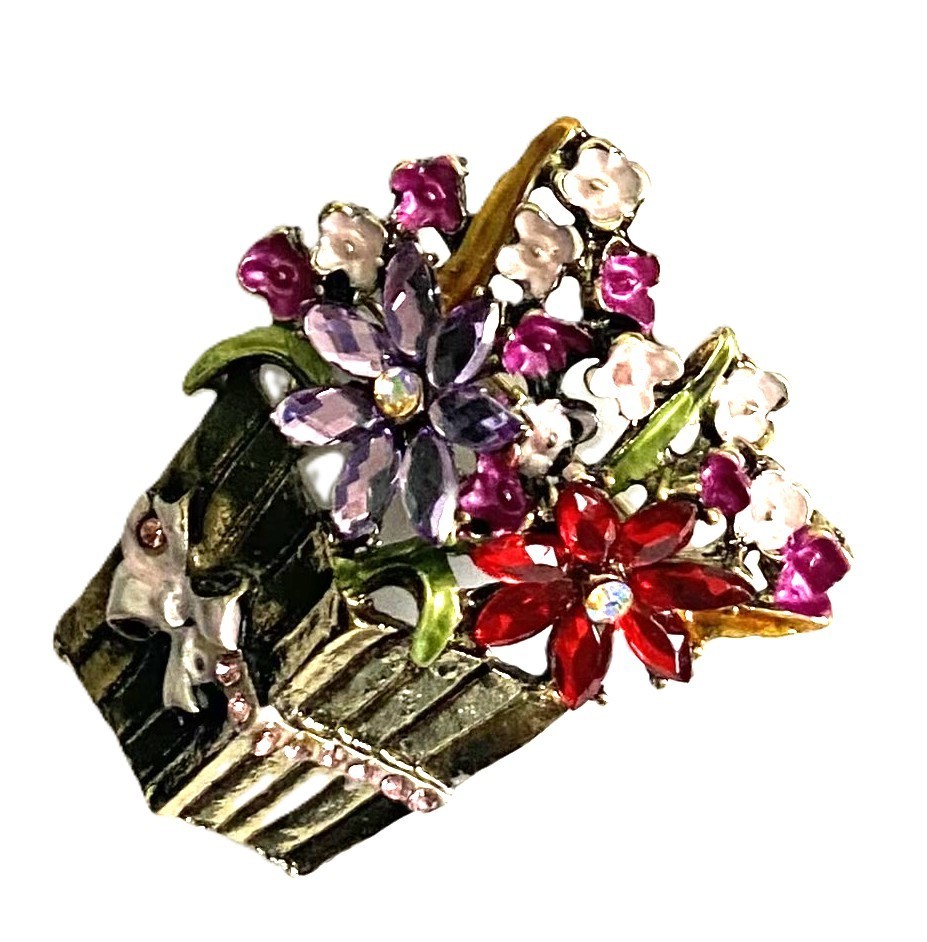 FLOWER BASKET BROOCH! Enameled & Sparkling Multicolor Crystals. Ribbon & Bow!