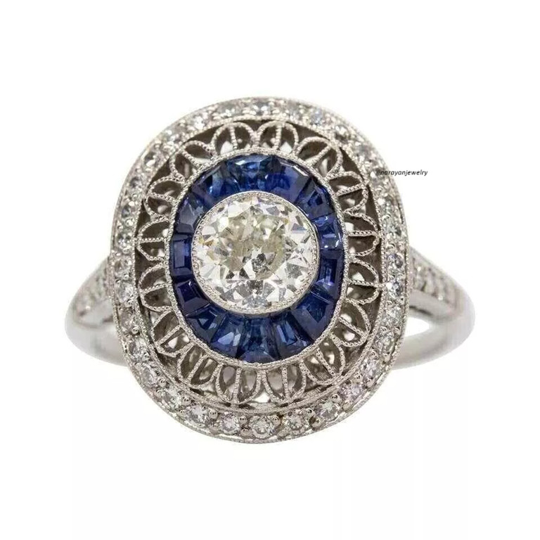 Edwardian 3Ct Lab Created Blue Sapphire Wedding Ring 14k White Gold Plated