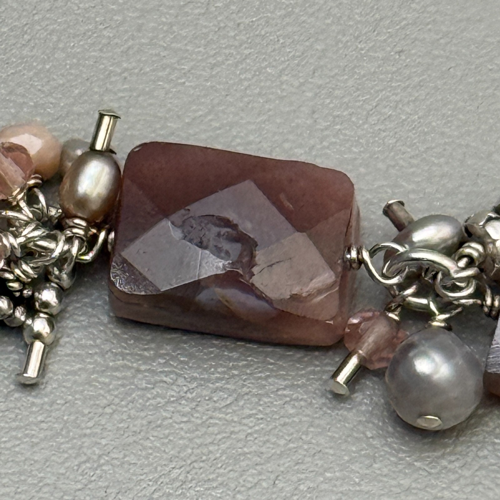 Artisan 925 Sterling Silver Banded Agate Pearl Bracelet Toggle Clasp 7″ Vintage